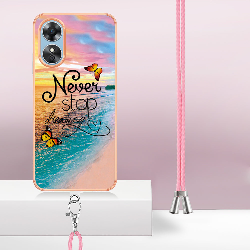 YB IMD Series-4 for Oppo A17 4G Marble Flower Pattern Design Case IMD TPU Electroplating Phone Cover with Lanyard