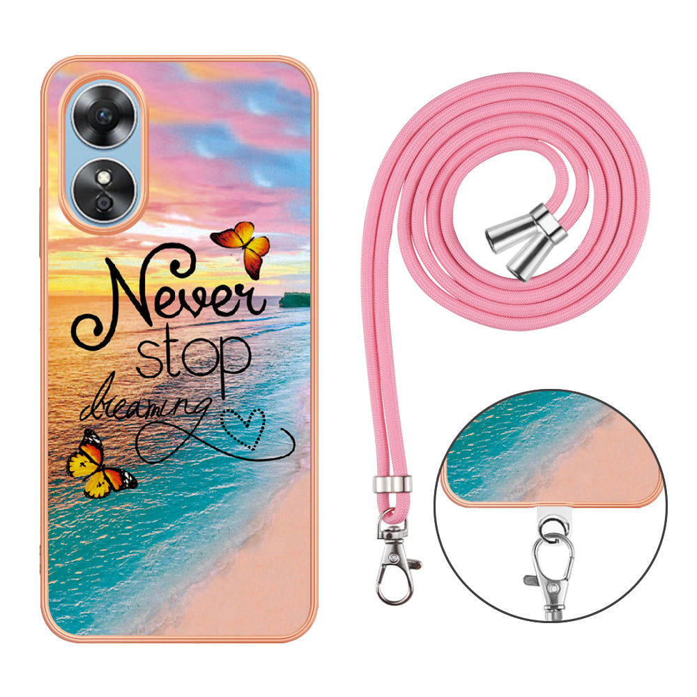 YB IMD Series-4 for Oppo A17 4G Marble Flower Pattern Design Case IMD TPU Electroplating Phone Cover with Lanyard