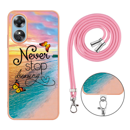 YB IMD Series-4 for Oppo A17 4G Marble Flower Pattern Design Case IMD TPU Electroplating Phone Cover with Lanyard