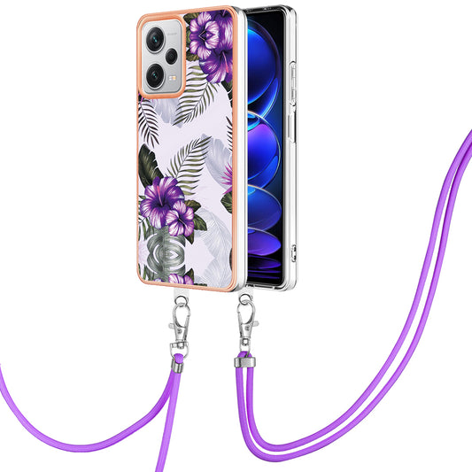 YB IMD Series-4 for Xiaomi Redmi Note 12 Pro+ 5G Electroplating TPU Shockproof Cover IMD Marble Flower Pattern Phone Case with Lanyard