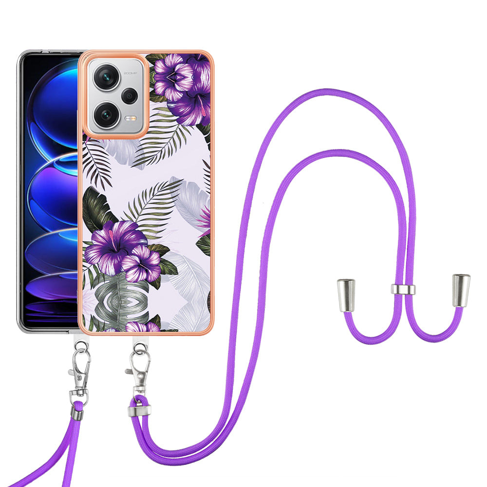 YB IMD Series-4 for Xiaomi Redmi Note 12 Pro+ 5G Electroplating TPU Shockproof Cover IMD Marble Flower Pattern Phone Case with Lanyard