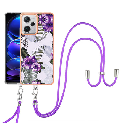 YB IMD Series-4 for Xiaomi Redmi Note 12 Pro+ 5G Electroplating TPU Shockproof Cover IMD Marble Flower Pattern Phone Case with Lanyard