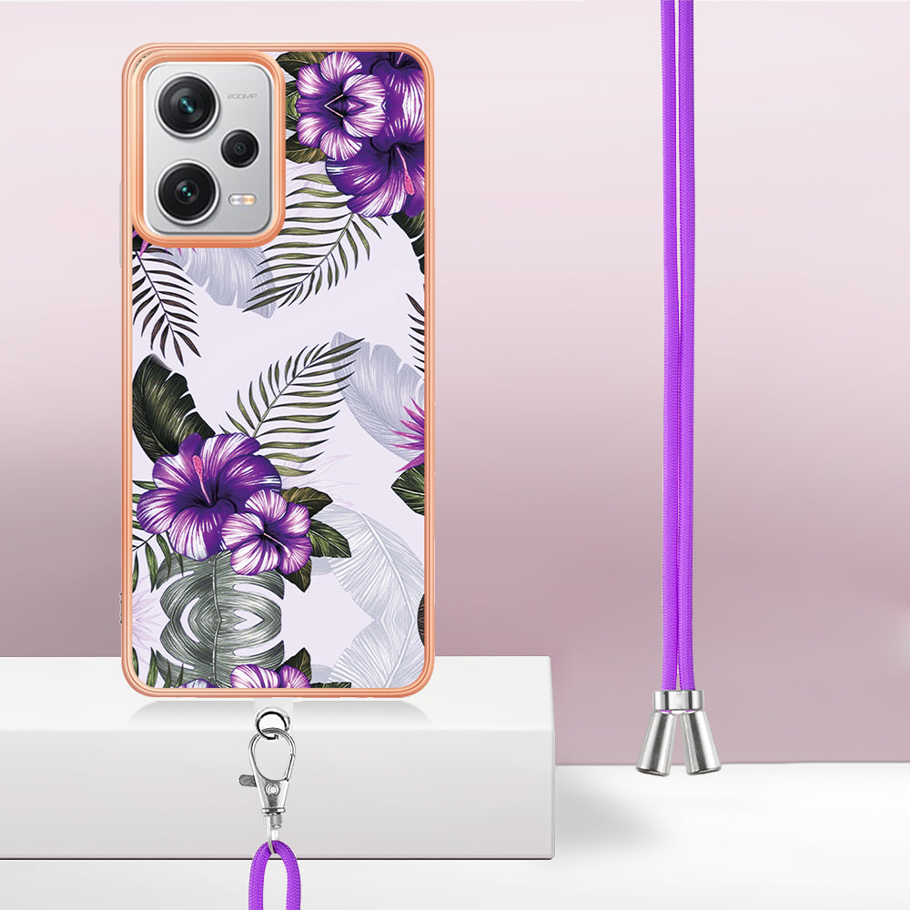 YB IMD Series-4 for Xiaomi Redmi Note 12 Pro+ 5G Electroplating TPU Shockproof Cover IMD Marble Flower Pattern Phone Case with Lanyard