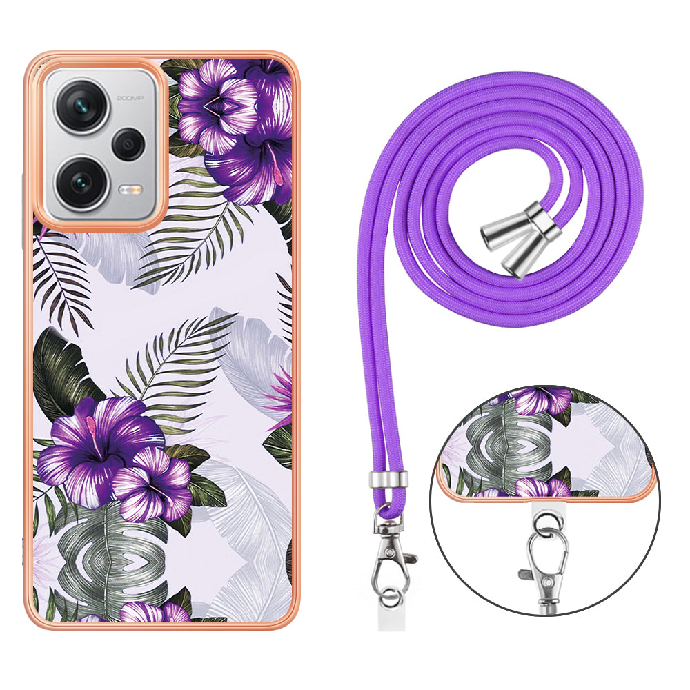 YB IMD Series-4 for Xiaomi Redmi Note 12 Pro+ 5G Electroplating TPU Shockproof Cover IMD Marble Flower Pattern Phone Case with Lanyard