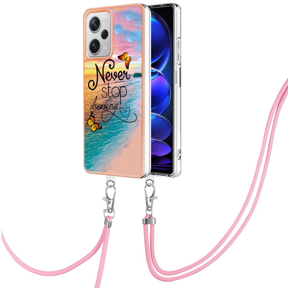 YB IMD Series-4 for Xiaomi Redmi Note 12 Pro+ 5G Electroplating TPU Shockproof Cover IMD Marble Flower Pattern Phone Case with Lanyard