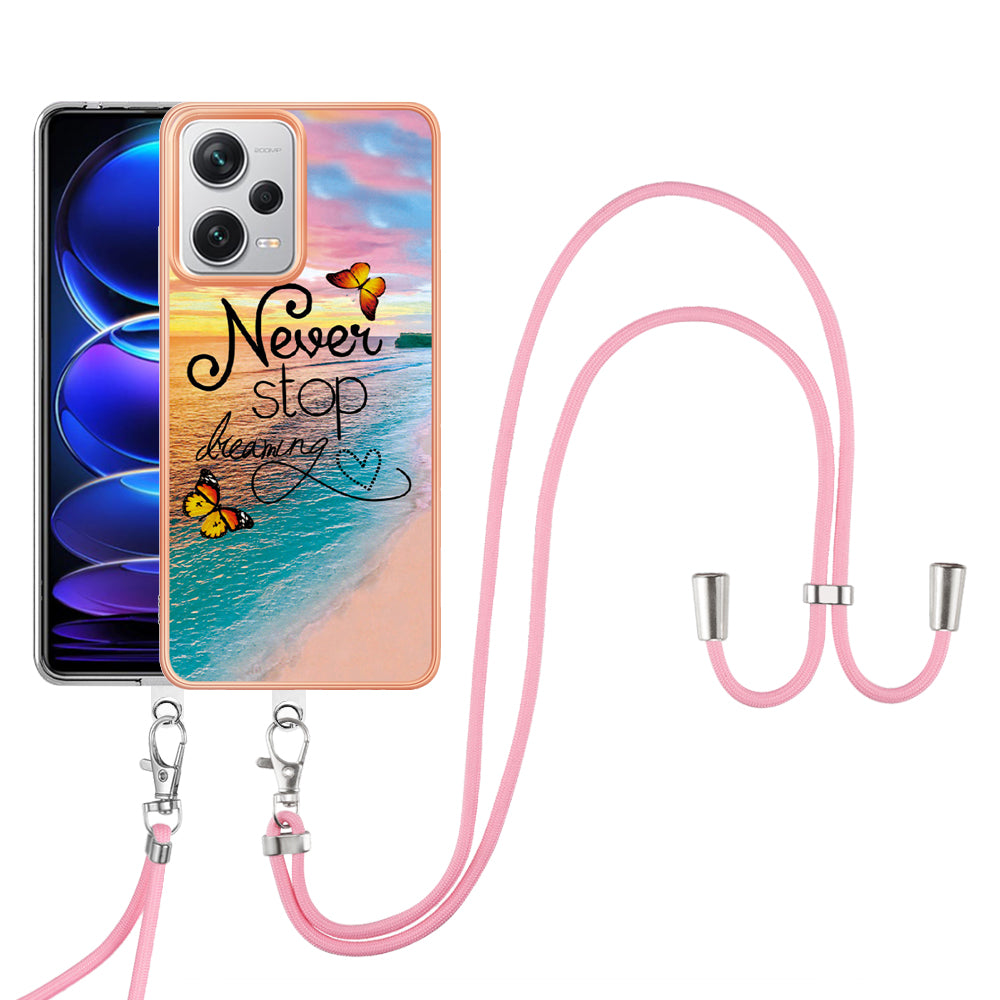 YB IMD Series-4 for Xiaomi Redmi Note 12 Pro+ 5G Electroplating TPU Shockproof Cover IMD Marble Flower Pattern Phone Case with Lanyard