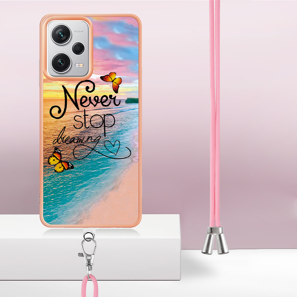YB IMD Series-4 for Xiaomi Redmi Note 12 Pro+ 5G Electroplating TPU Shockproof Cover IMD Marble Flower Pattern Phone Case with Lanyard