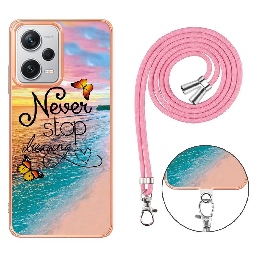 YB IMD Series-4 for Xiaomi Redmi Note 12 Pro+ 5G Electroplating TPU Shockproof Cover IMD Marble Flower Pattern Phone Case with Lanyard