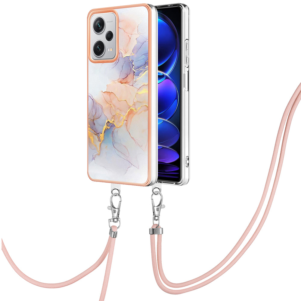 YB IMD Series-4 for Xiaomi Redmi Note 12 Pro+ 5G Electroplating TPU Shockproof Cover IMD Marble Flower Pattern Phone Case with Lanyard