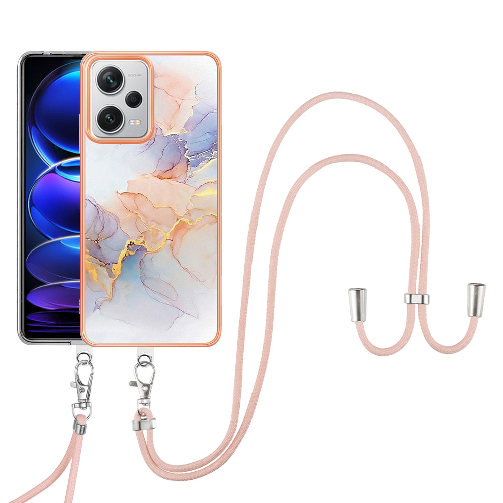 YB IMD Series-4 for Xiaomi Redmi Note 12 Pro+ 5G Electroplating TPU Shockproof Cover IMD Marble Flower Pattern Phone Case with Lanyard