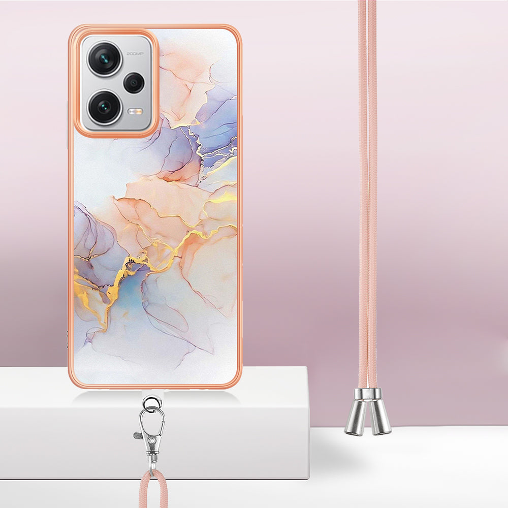 YB IMD Series-4 for Xiaomi Redmi Note 12 Pro+ 5G Electroplating TPU Shockproof Cover IMD Marble Flower Pattern Phone Case with Lanyard