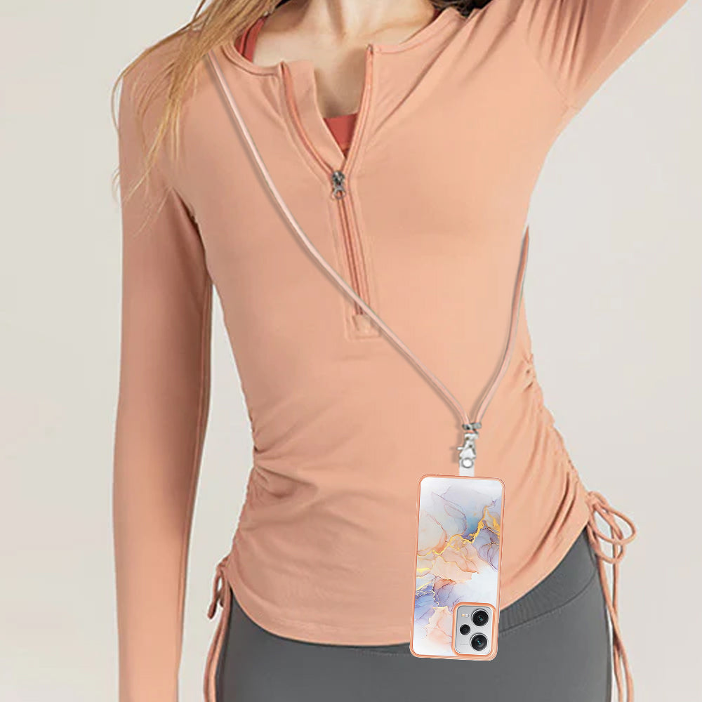 YB IMD Series-4 for Xiaomi Redmi Note 12 Pro+ 5G Electroplating TPU Shockproof Cover IMD Marble Flower Pattern Phone Case with Lanyard