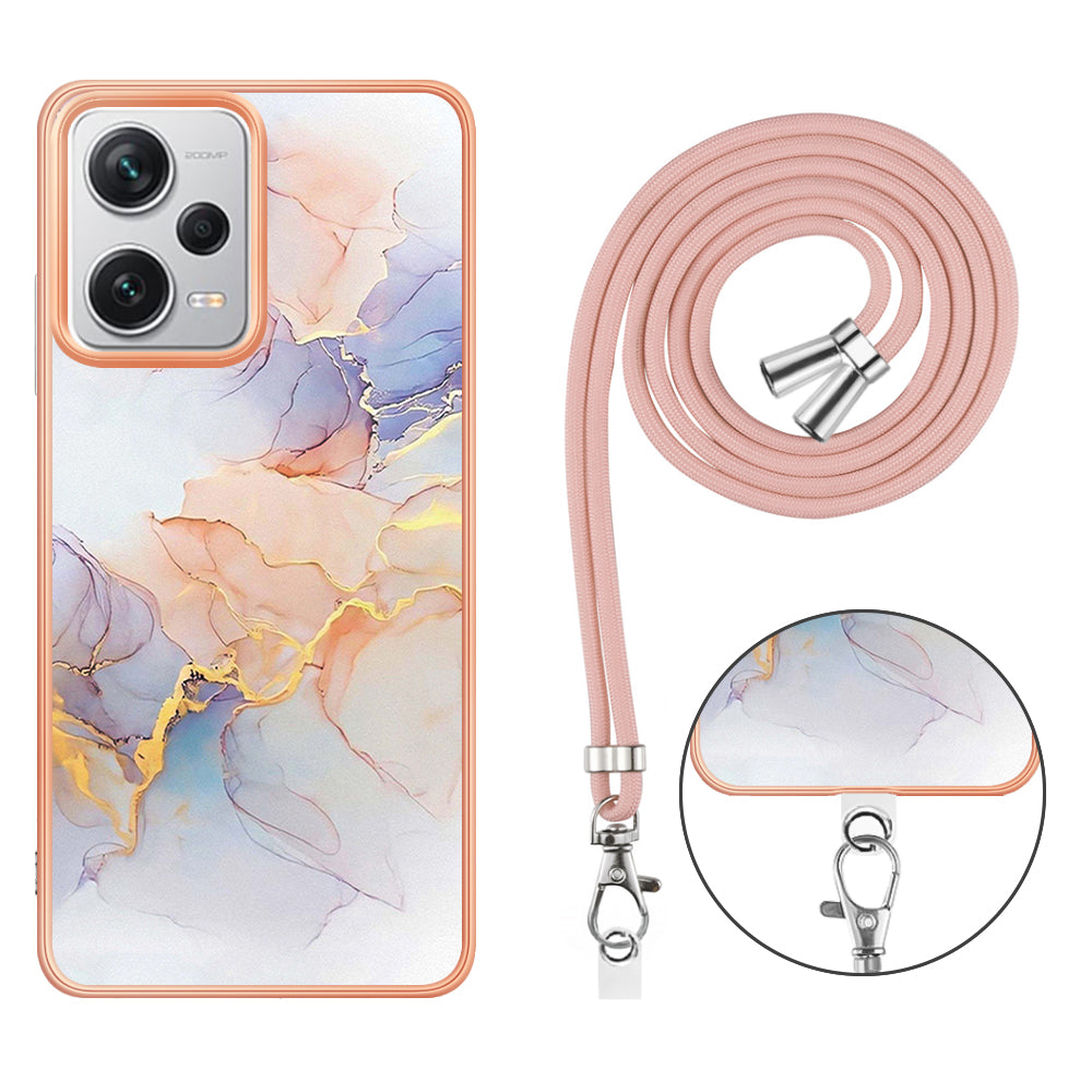 YB IMD Series-4 for Xiaomi Redmi Note 12 Pro+ 5G Electroplating TPU Shockproof Cover IMD Marble Flower Pattern Phone Case with Lanyard