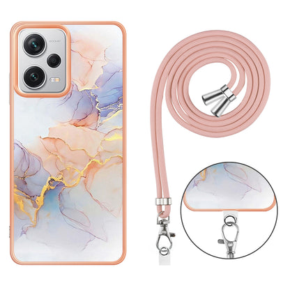 YB IMD Series-4 for Xiaomi Redmi Note 12 Pro+ 5G Electroplating TPU Shockproof Cover IMD Marble Flower Pattern Phone Case with Lanyard