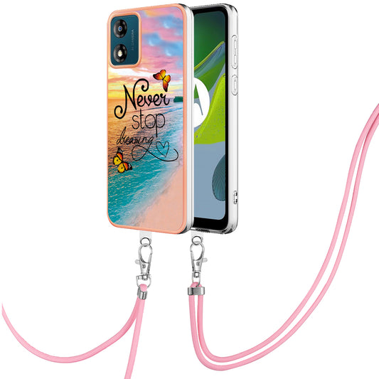 YB IMD Series-4 for Motorola Moto E13 4G Soft TPU Case Electroplating Marble Flower Pattern IMD Phone Cover with Lanyard