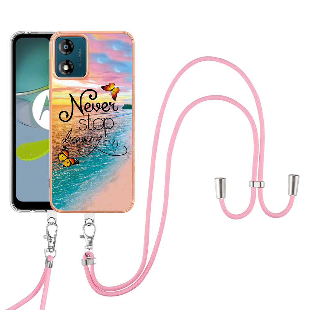 YB IMD Series-4 for Motorola Moto E13 4G Soft TPU Case Electroplating Marble Flower Pattern IMD Phone Cover with Lanyard
