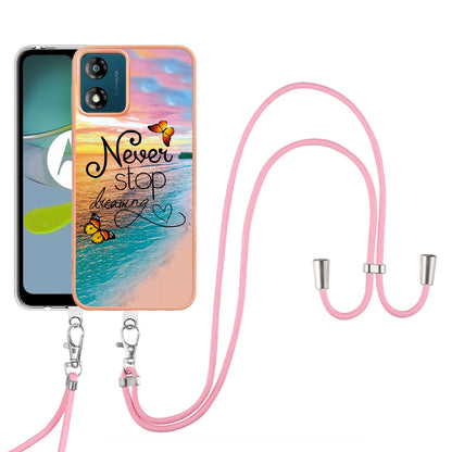 YB IMD Series-4 for Motorola Moto E13 4G Soft TPU Case Electroplating Marble Flower Pattern IMD Phone Cover with Lanyard