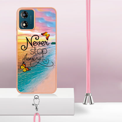 YB IMD Series-4 for Motorola Moto E13 4G Soft TPU Case Electroplating Marble Flower Pattern IMD Phone Cover with Lanyard