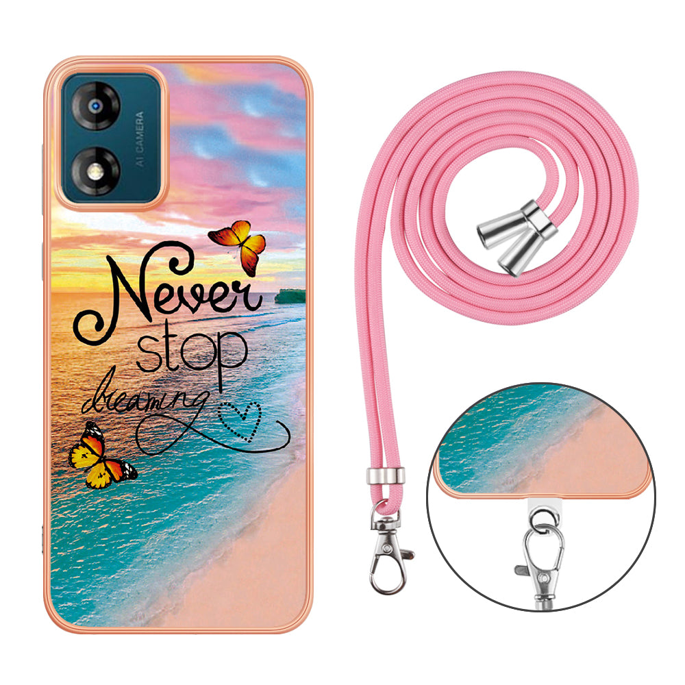 YB IMD Series-4 for Motorola Moto E13 4G Soft TPU Case Electroplating Marble Flower Pattern IMD Phone Cover with Lanyard