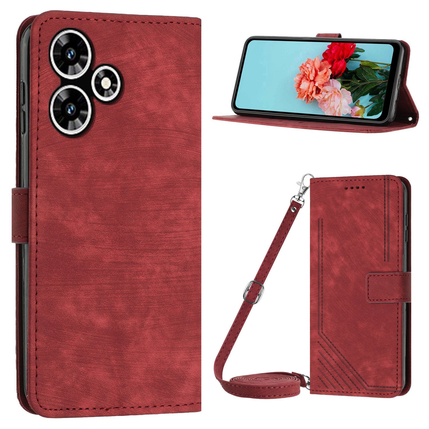 For Infinix Hot 30 Play NFC 4G Stand Wallet Phone Case PU Leather Lines Imprinted Cover with Shoulder Strap