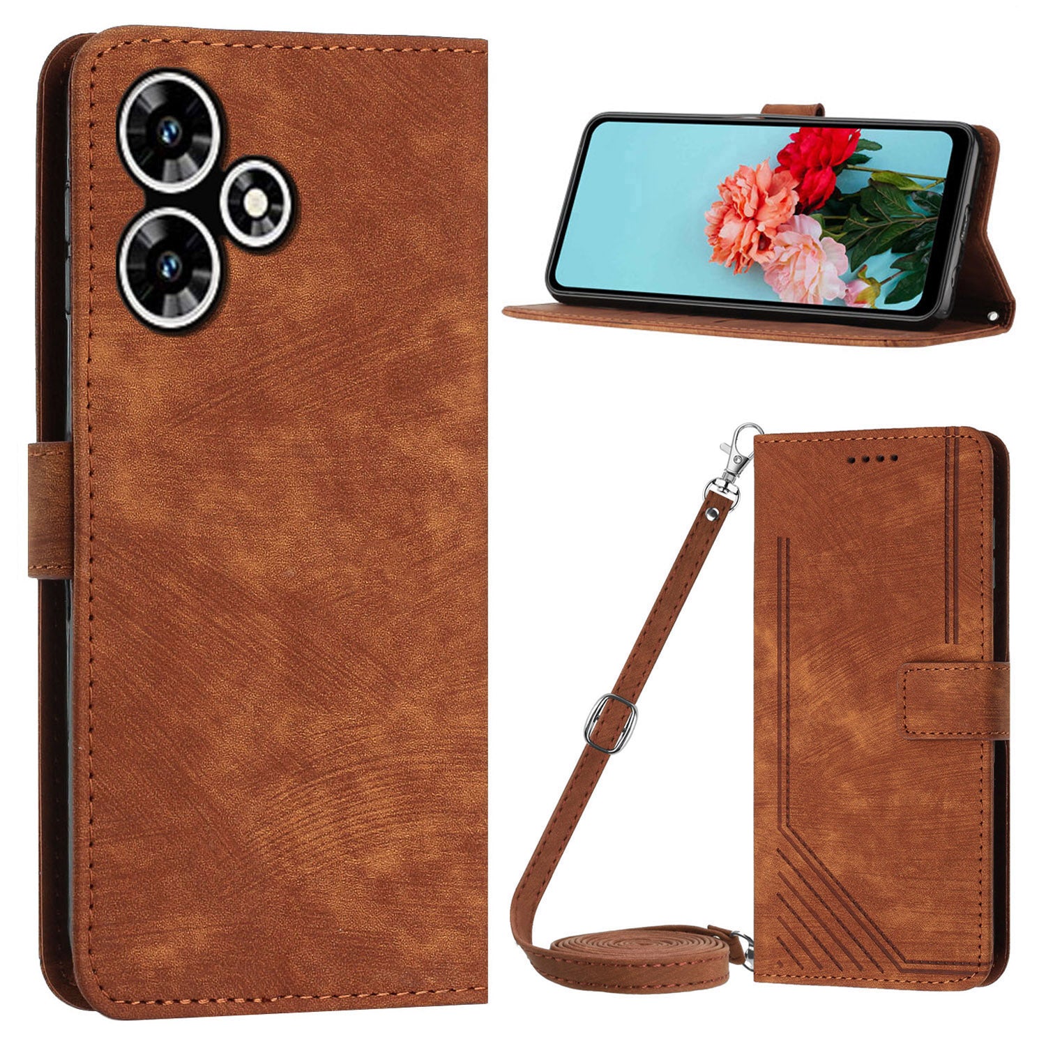 For Infinix Hot 30 Play NFC 4G Stand Wallet Phone Case PU Leather Lines Imprinted Cover with Shoulder Strap