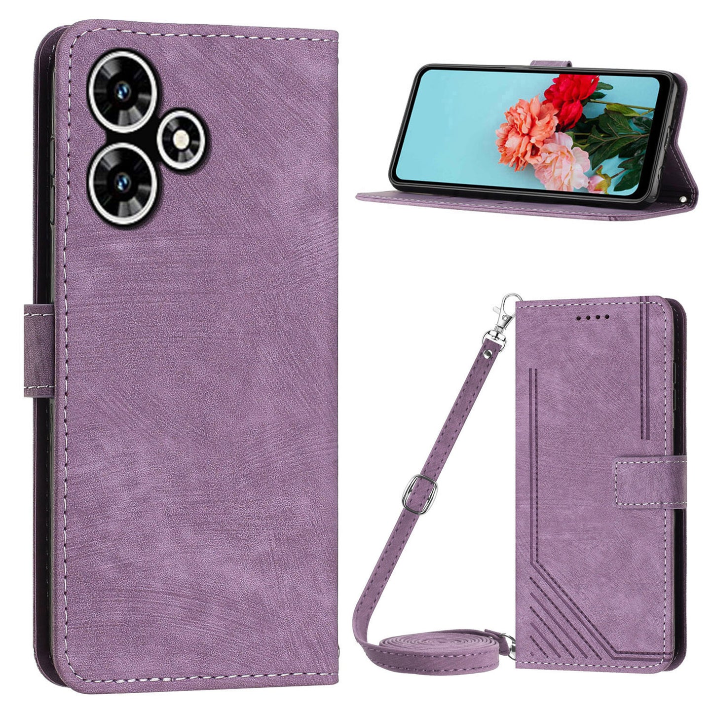 For Infinix Hot 30 Play NFC 4G Stand Wallet Phone Case PU Leather Lines Imprinted Cover with Shoulder Strap