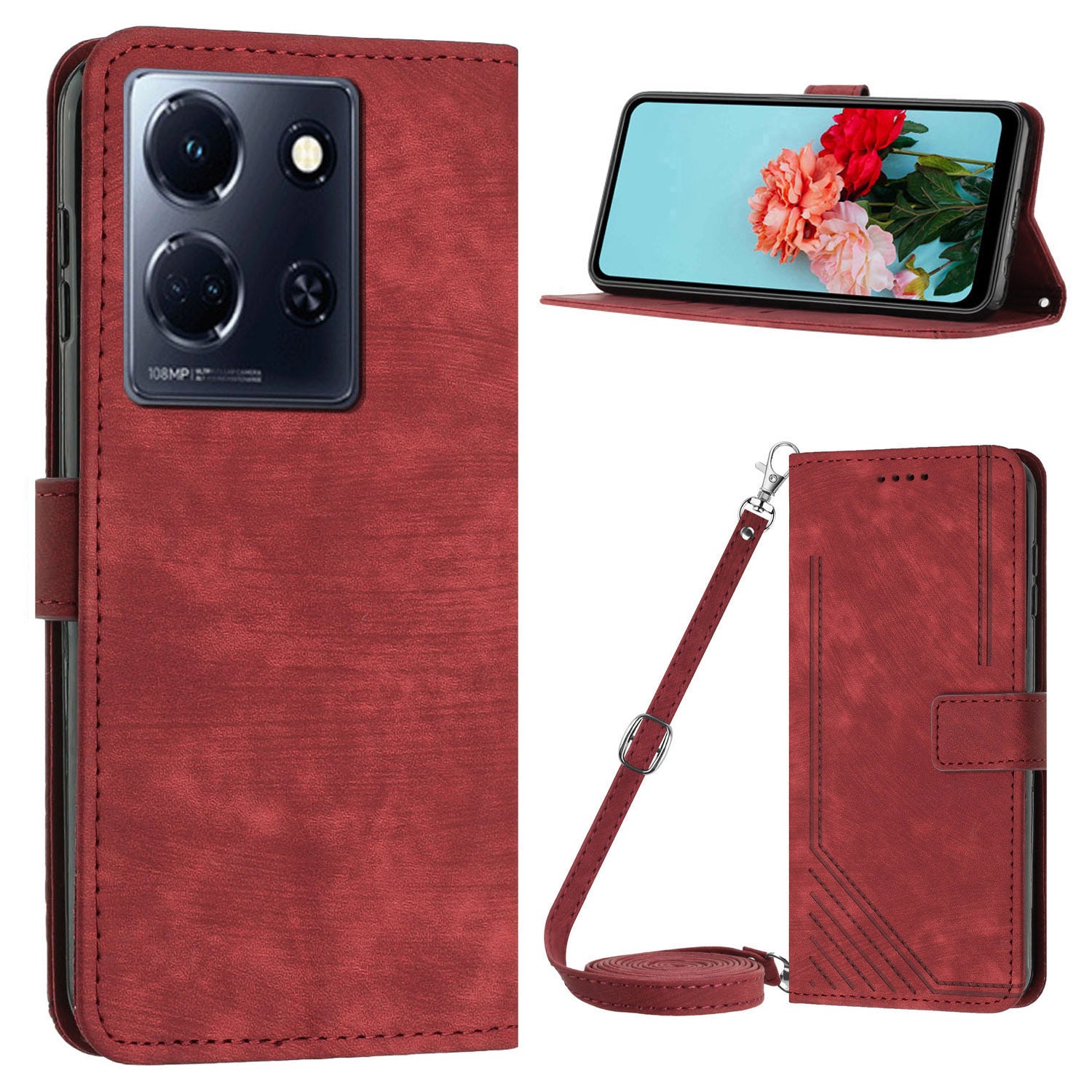 For Infinix Note 30 4G / Note 30 5G Phone Leather Case Lines Imprinted Stand Wallet Phone Cover with Shoulder Strap