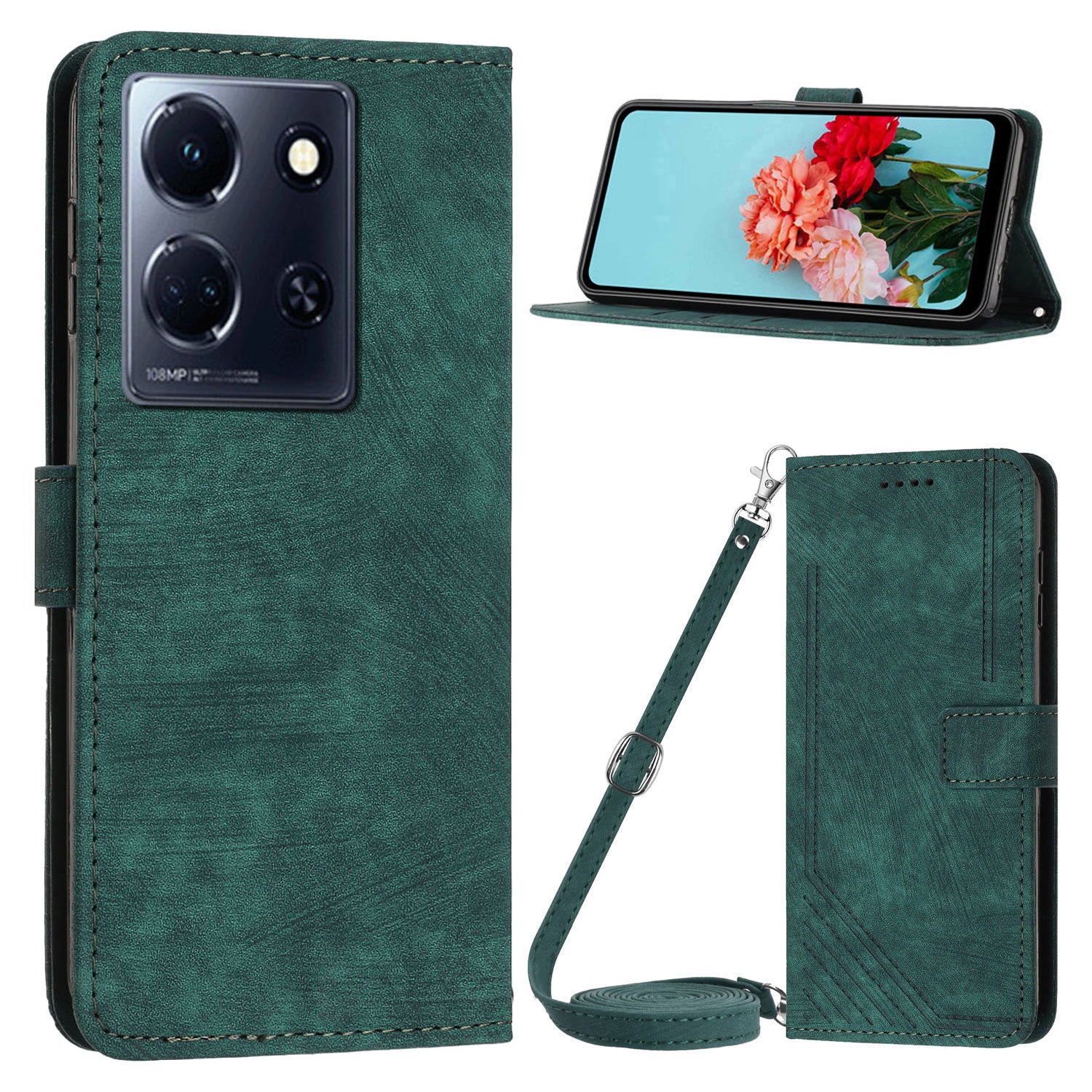 For Infinix Note 30 4G / Note 30 5G Phone Leather Case Lines Imprinted Stand Wallet Phone Cover with Shoulder Strap