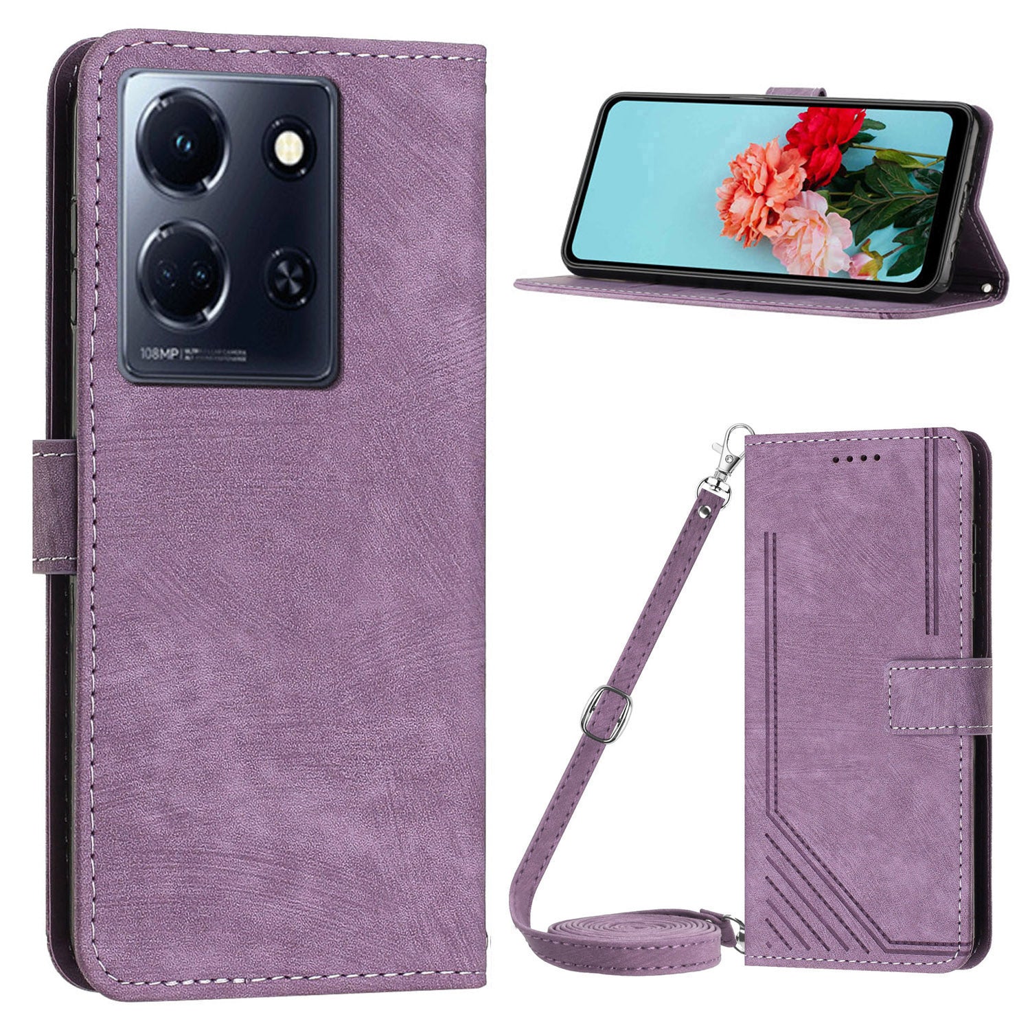 For Infinix Note 30 4G / Note 30 5G Phone Leather Case Lines Imprinted Stand Wallet Phone Cover with Shoulder Strap
