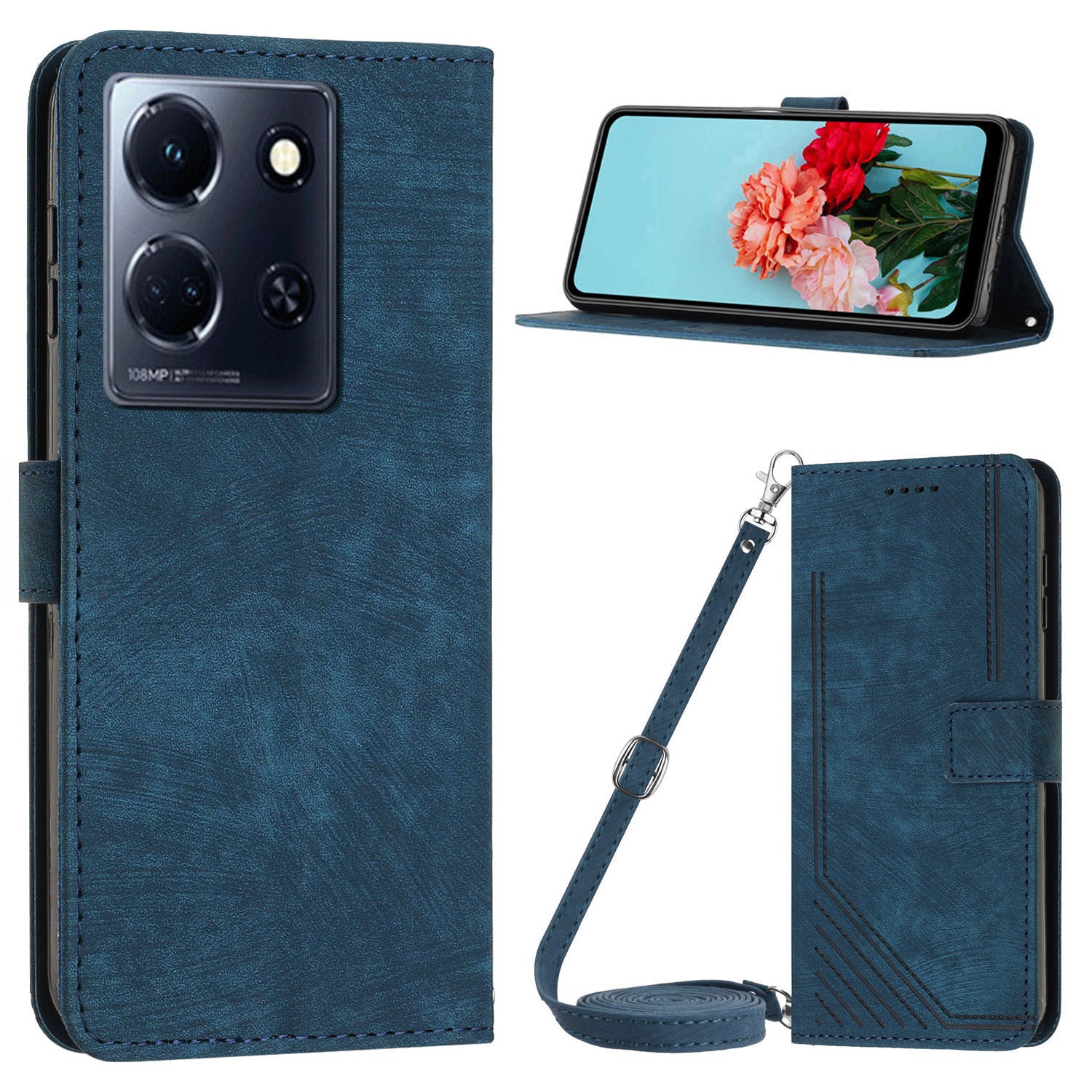 For Infinix Note 30 4G / Note 30 5G Phone Leather Case Lines Imprinted Stand Wallet Phone Cover with Shoulder Strap