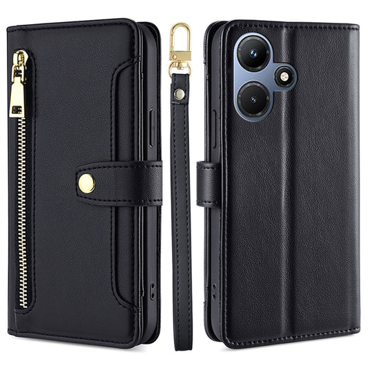 For Infinix Hot 30i Wallet Case Zipper Pocket Flip Stand PU Leather Phone Cover with Shoulder Strap and Wrist Strap