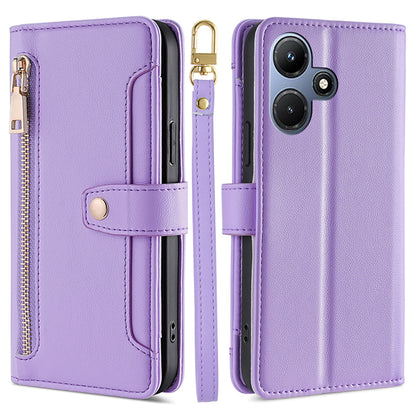 For Infinix Hot 30i Wallet Case Zipper Pocket Flip Stand PU Leather Phone Cover with Shoulder Strap and Wrist Strap