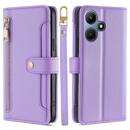 For Infinix Hot 30i Wallet Case Zipper Pocket Flip Stand PU Leather Phone Cover with Shoulder Strap and Wrist Strap