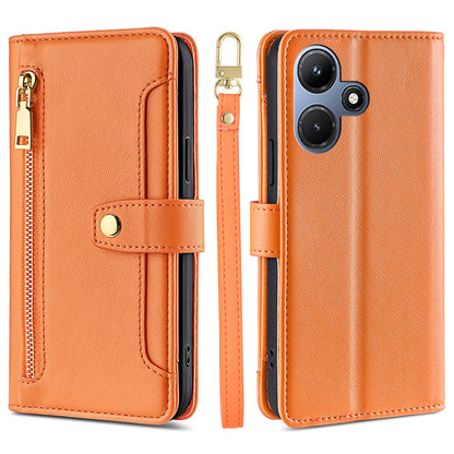 For Infinix Hot 30i Wallet Case Zipper Pocket Flip Stand PU Leather Phone Cover with Shoulder Strap and Wrist Strap