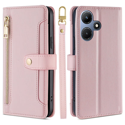For Infinix Hot 30i Wallet Case Zipper Pocket Flip Stand PU Leather Phone Cover with Shoulder Strap and Wrist Strap