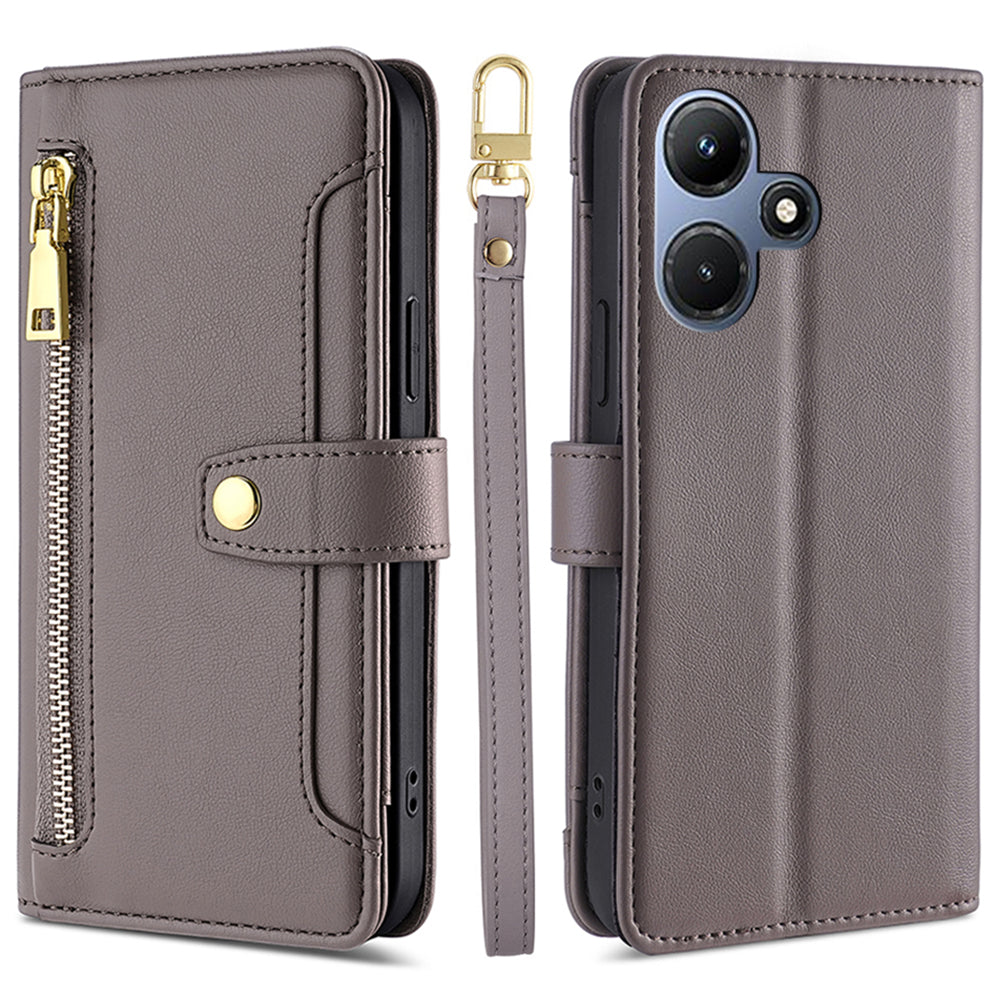 For Infinix Hot 30i Wallet Case Zipper Pocket Flip Stand PU Leather Phone Cover with Shoulder Strap and Wrist Strap