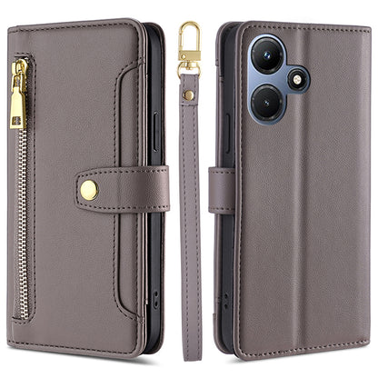 For Infinix Hot 30i Wallet Case Zipper Pocket Flip Stand PU Leather Phone Cover with Shoulder Strap and Wrist Strap