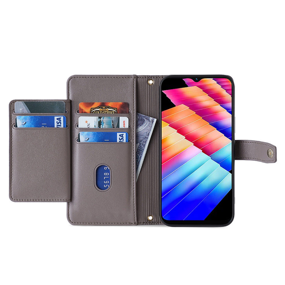 For Infinix Hot 30i Wallet Case Zipper Pocket Flip Stand PU Leather Phone Cover with Shoulder Strap and Wrist Strap