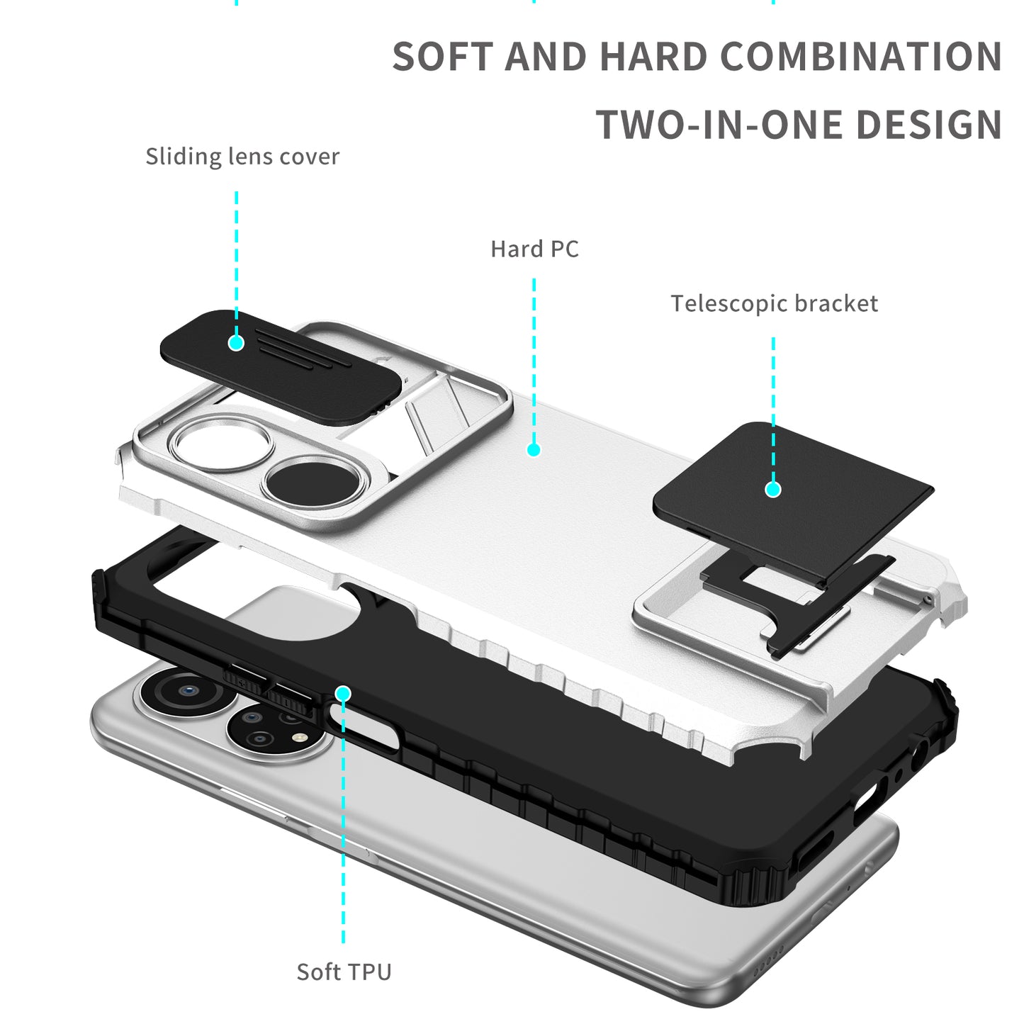 For Honor X7 Slide Camera Lid PC+TPU Cover Anti-drop Kickstand Phone Case