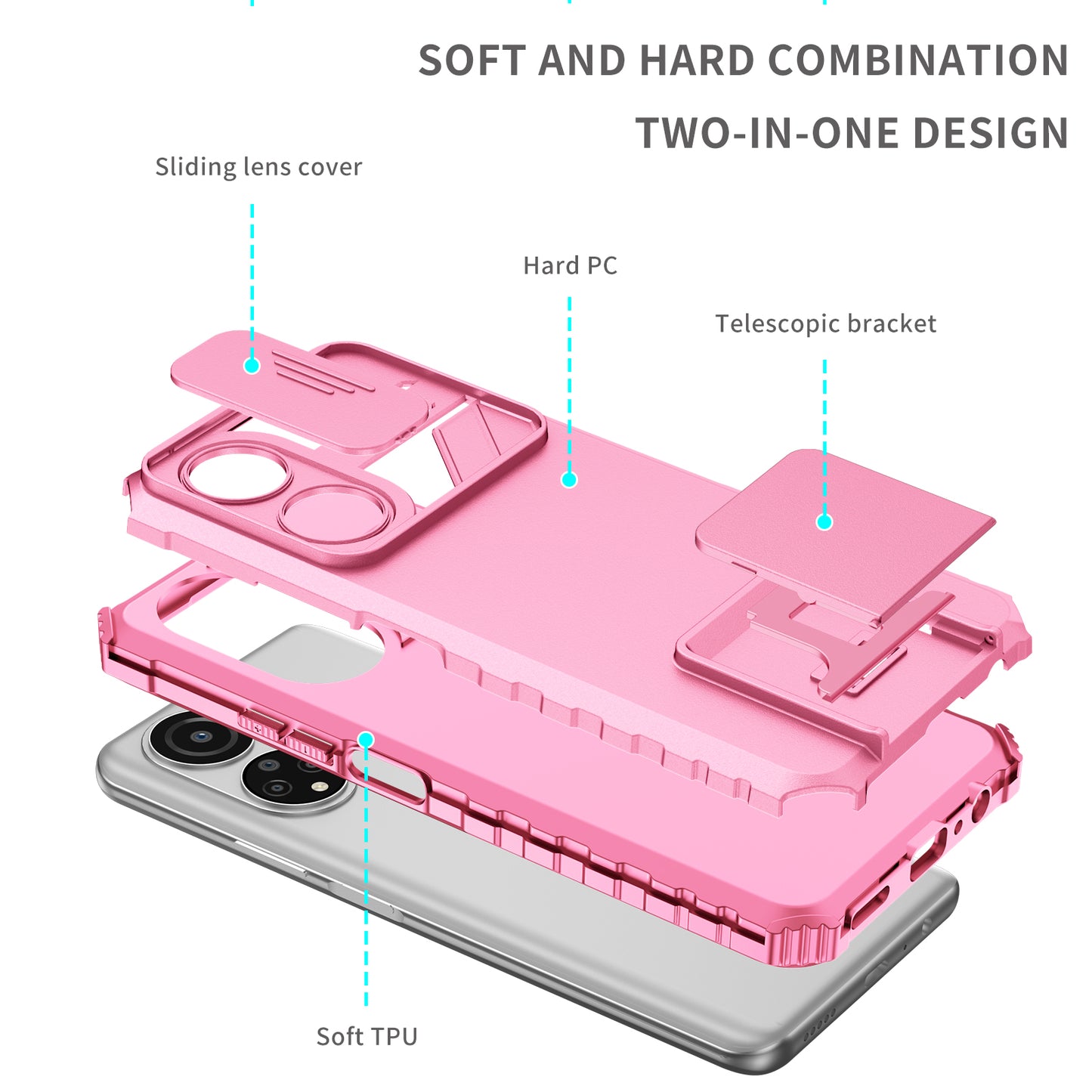 For Honor X7 Slide Camera Lid PC+TPU Cover Anti-drop Kickstand Phone Case