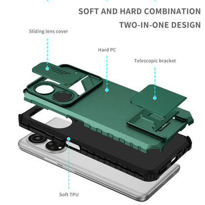 For Honor X7 Slide Camera Lid PC+TPU Cover Anti-drop Kickstand Phone Case