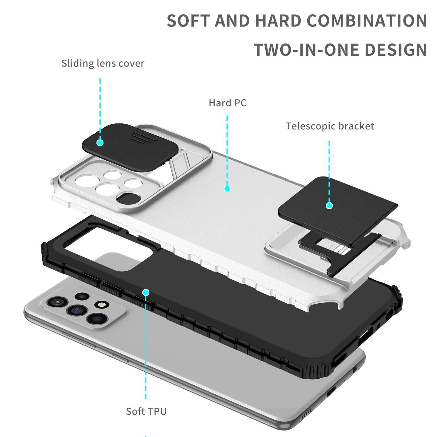 For Samsung Galaxy A52 4G / A52 5G / A52s 5G PC+TPU Kickstand Cover Slide Camera Lid Phone Case
