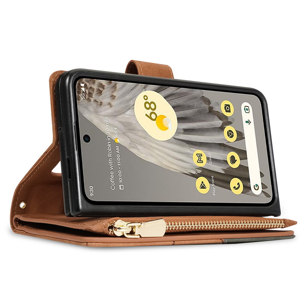 For Google Pixel Fold Leather Flip Phone Case Zipper Pocket Stand Lines Imprinted Wallet Cover