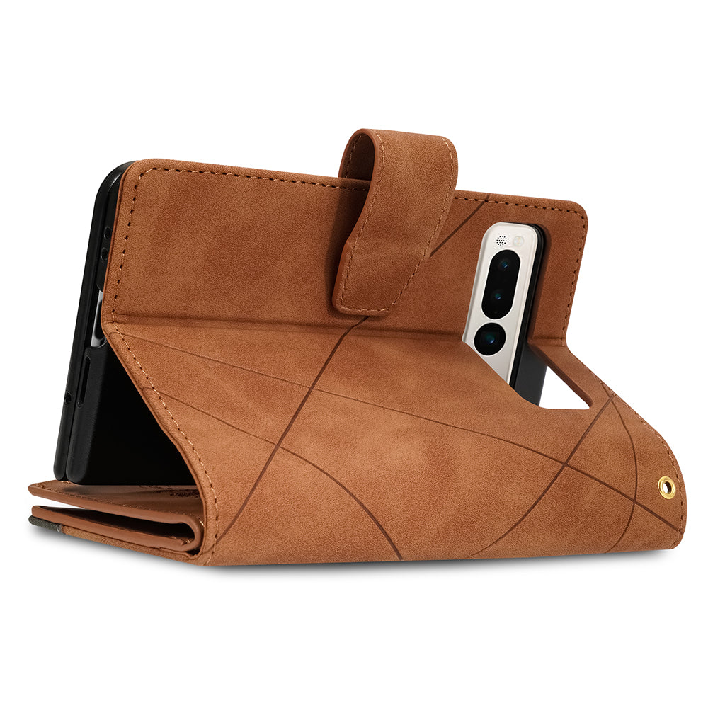 For Google Pixel Fold Leather Flip Phone Case Zipper Pocket Stand Lines Imprinted Wallet Cover