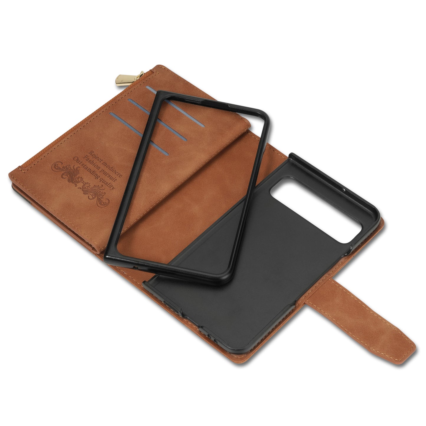 For Google Pixel Fold Leather Flip Phone Case Zipper Pocket Stand Lines Imprinted Wallet Cover