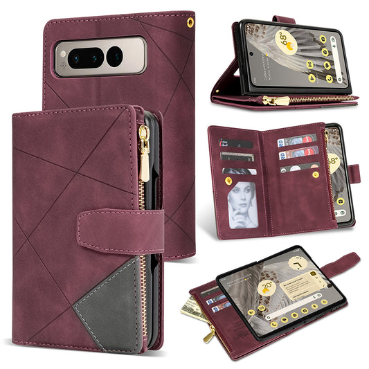 For Google Pixel Fold Leather Flip Phone Case Zipper Pocket Stand Lines Imprinted Wallet Cover