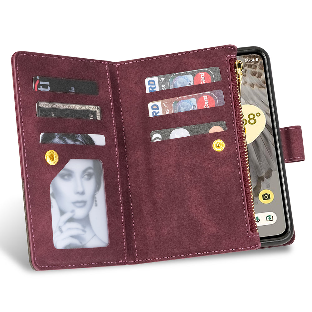 For Google Pixel Fold Leather Flip Phone Case Zipper Pocket Stand Lines Imprinted Wallet Cover