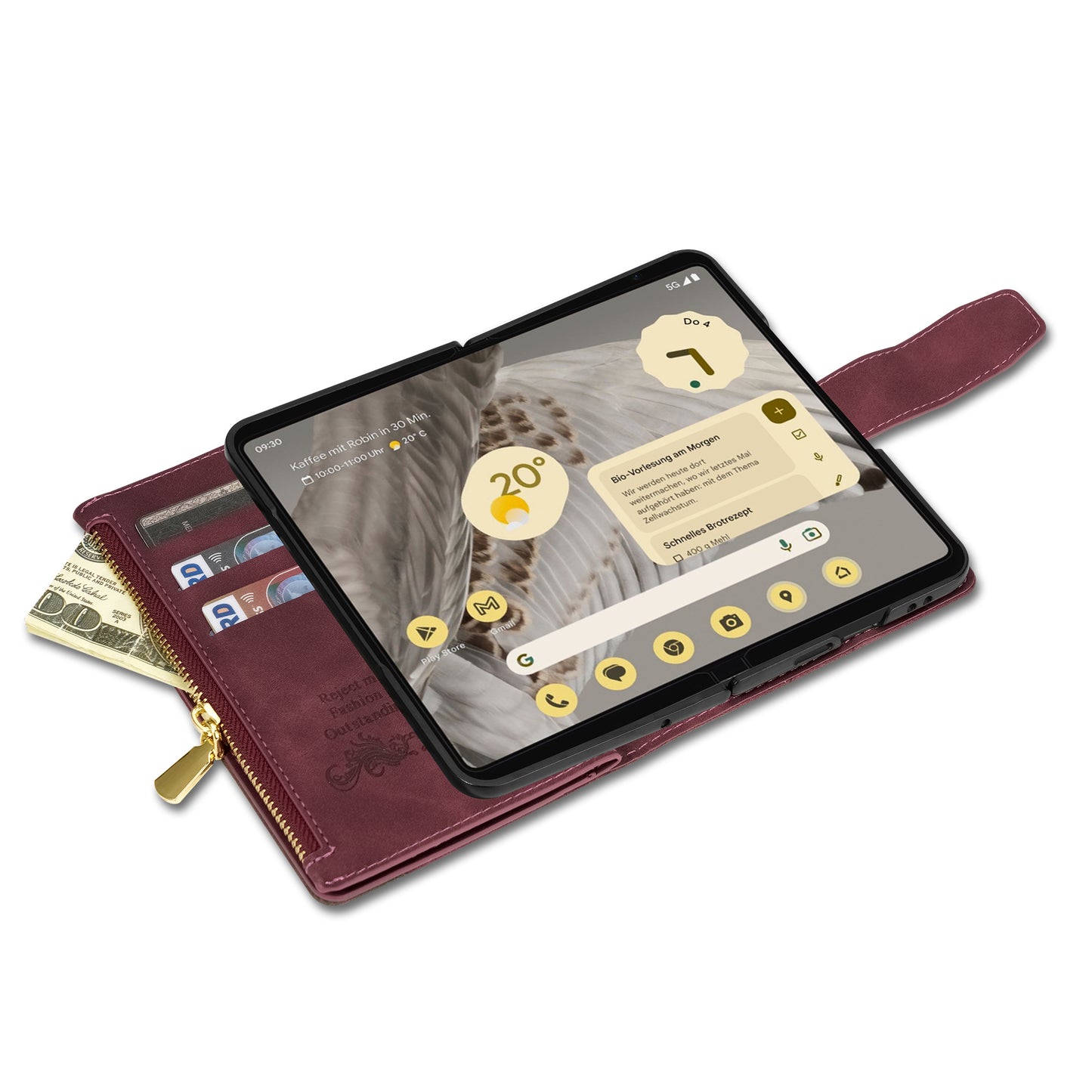 For Google Pixel Fold Leather Flip Phone Case Zipper Pocket Stand Lines Imprinted Wallet Cover