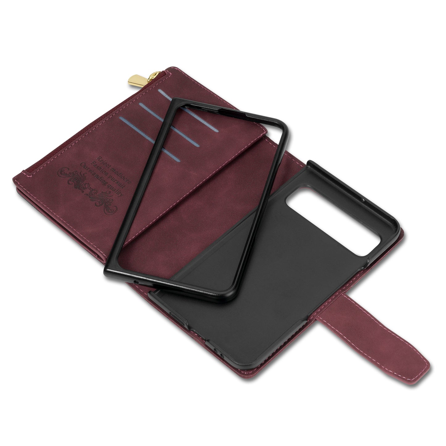 For Google Pixel Fold Leather Flip Phone Case Zipper Pocket Stand Lines Imprinted Wallet Cover