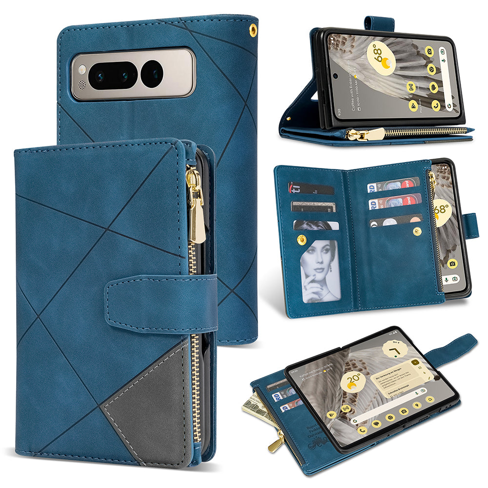 For Google Pixel Fold Leather Flip Phone Case Zipper Pocket Stand Lines Imprinted Wallet Cover
